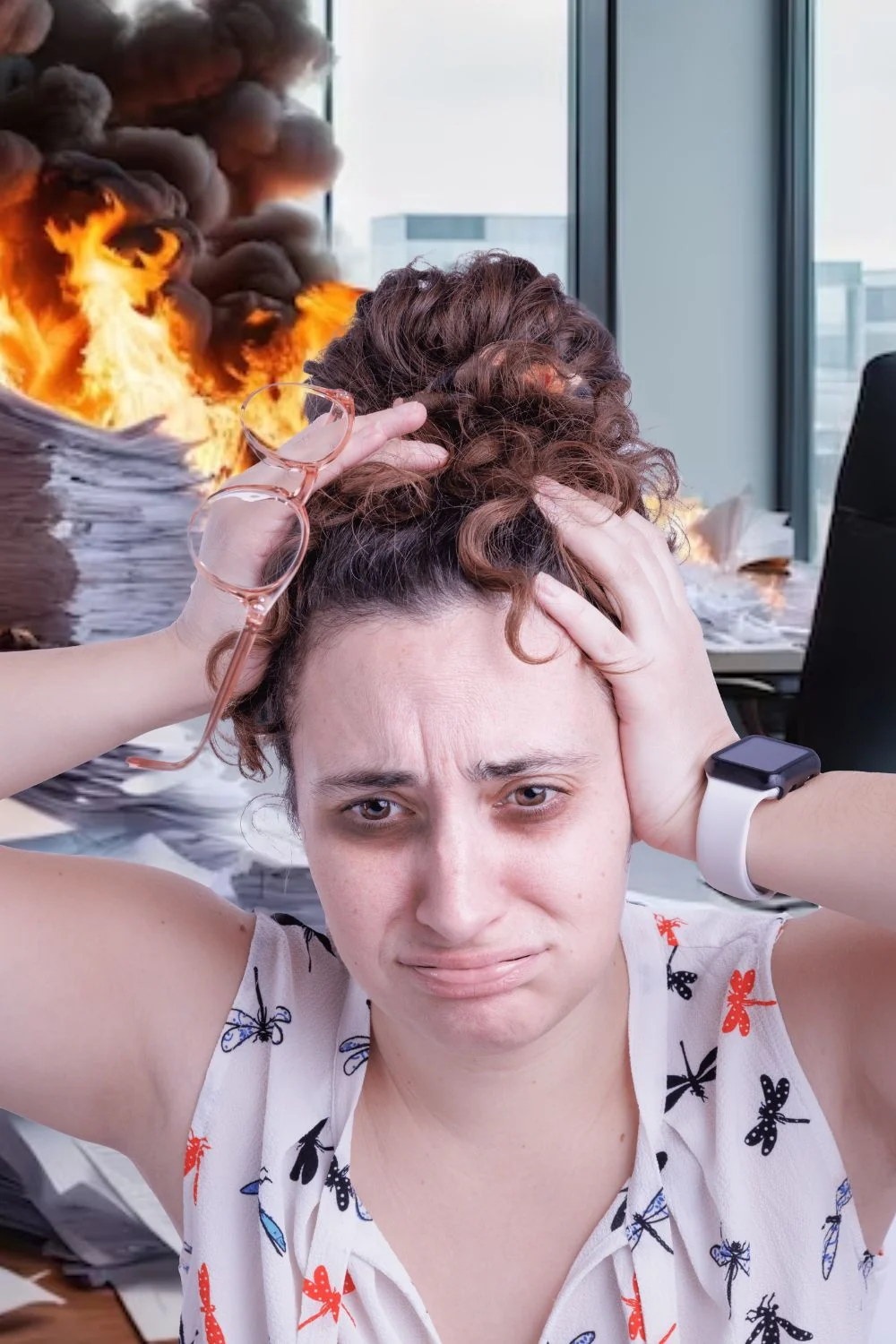 Assistante indépendante stressée devant une pile de documents en désordre