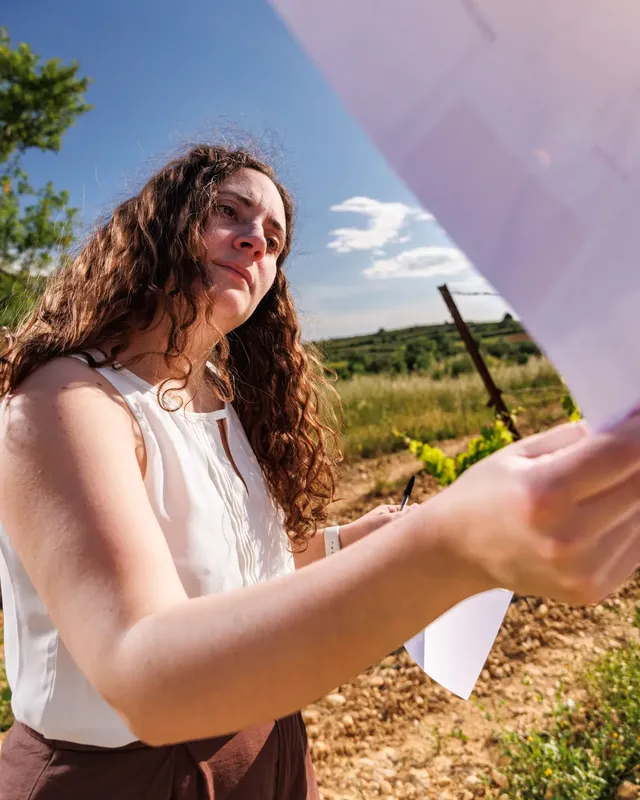 Jeanne, assistante administrative, relit un document en plein soleil dans les vignes